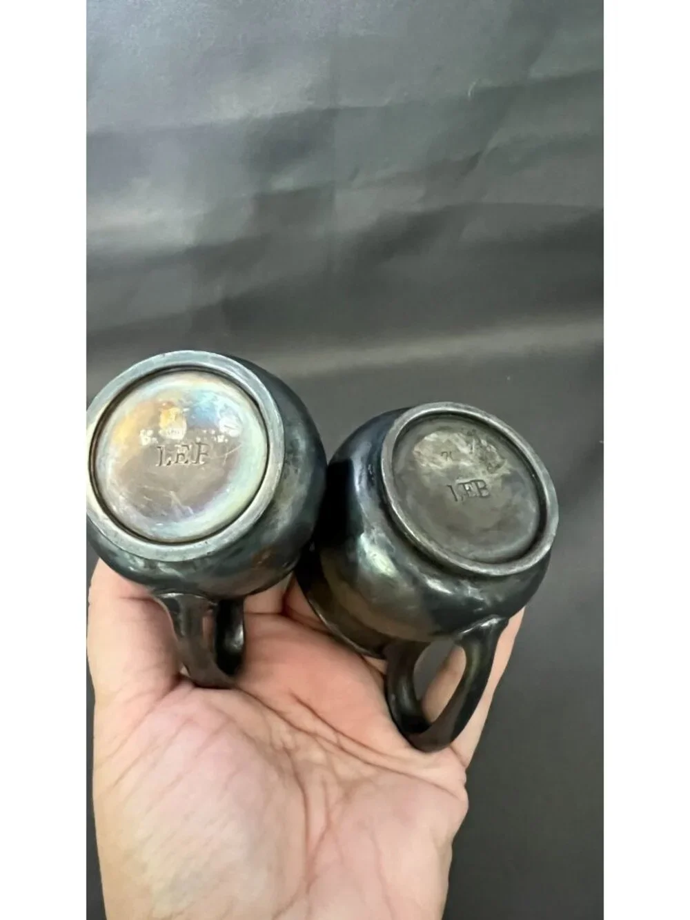 Vintage Pair Of Pewter Creamers With Handles & Marked Bases